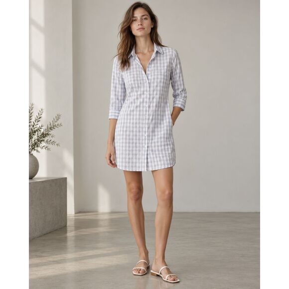 Theory Dresses & Skirts - Theory Plaid Shirt Dress Size 4 Women’s Blue White Button Front 3/4 Sleeve